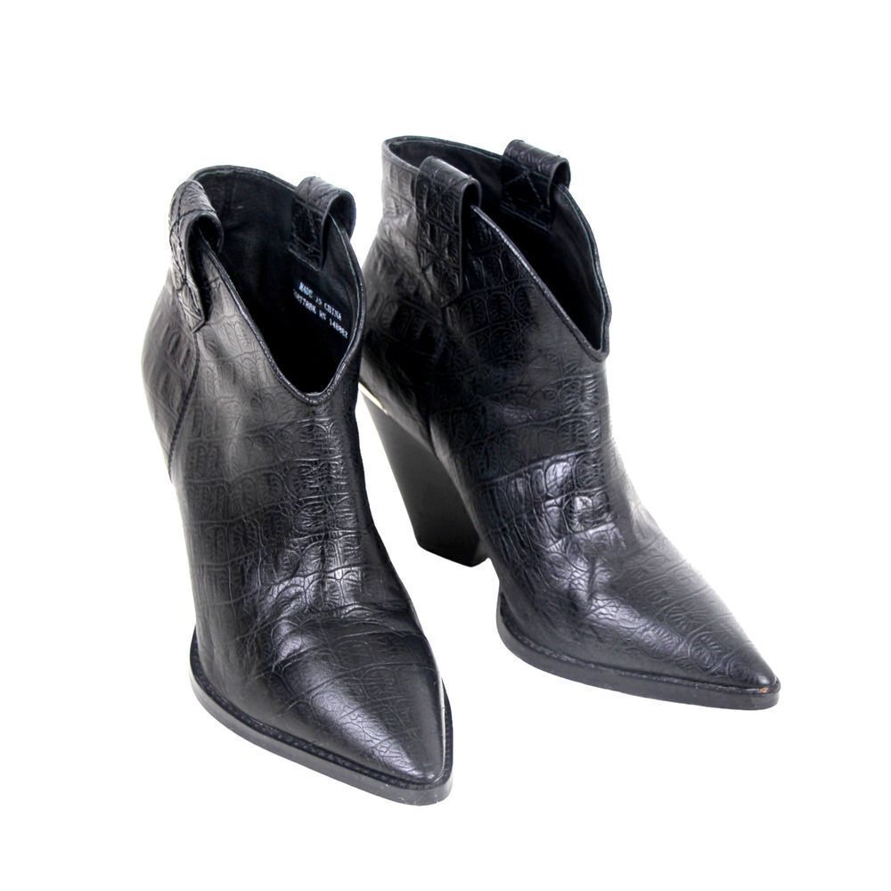 Lola Cruz BLACK GENUINE LEATHER CROCO PRINT MID HEEL POINTED ANKLE BOOTS Size 37